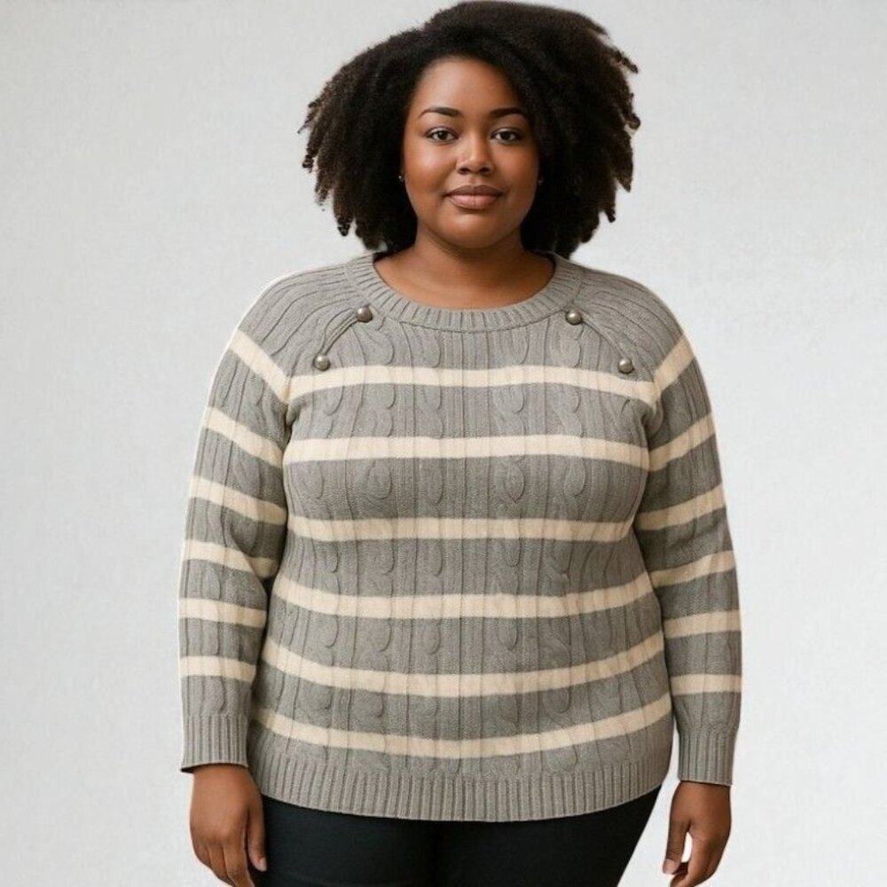 Talbots Womens Size XL Cable Knit Grey White Striped Sweater Button Accents NEW